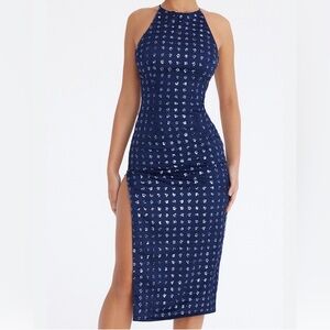Mistress Rocks Halter Midi Sequin Dress in Navy Women’s M Lined Prom Party